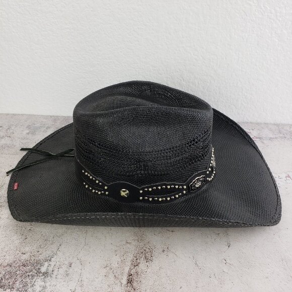 Bullhide Vintage Straw Cowboy Hat Western Black Enameled Concho Detail size M - Picture 2 of 13